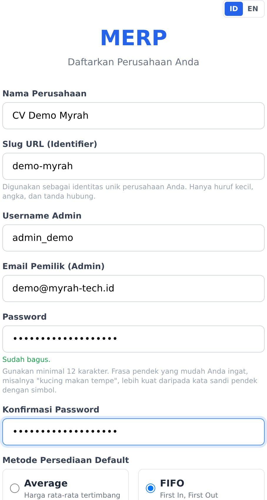 Pilihan metode persediaan pada formulir pendaftaran