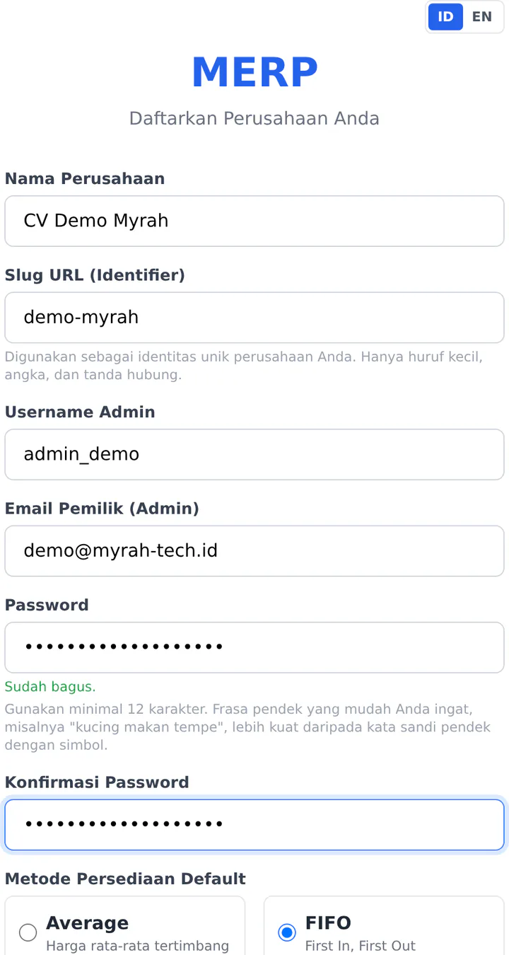 Pilihan metode persediaan pada formulir pendaftaran