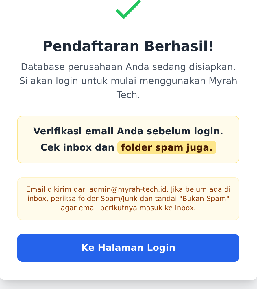 Layar konfirmasi setelah pendaftaran berhasil