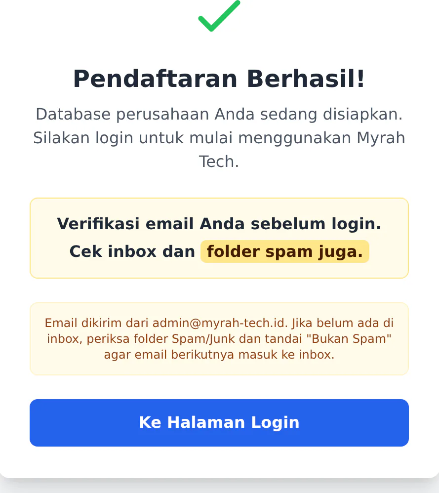 Layar konfirmasi setelah pendaftaran berhasil