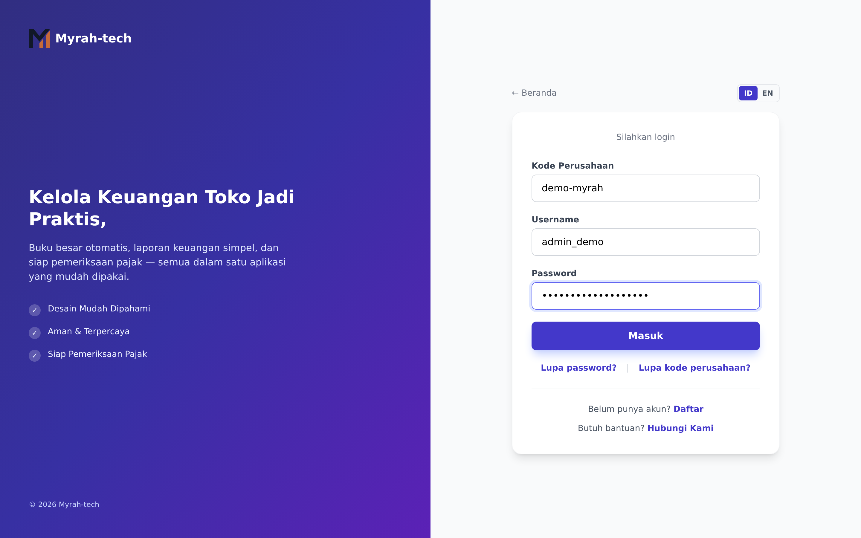 Halaman login dengan kode perusahaan dan nama pengguna terisi