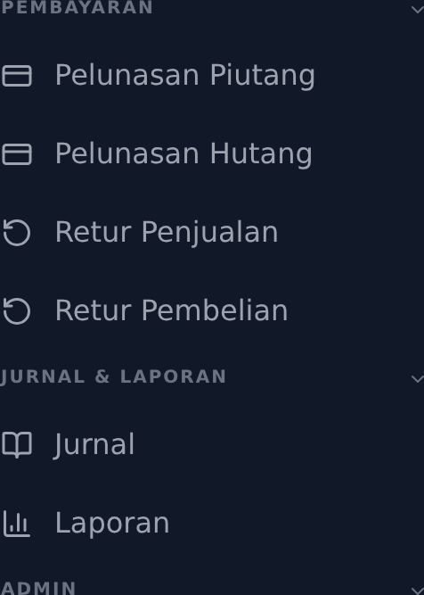 Kelompok menu Pembayaran, Jurnal & Laporan, dan Admin