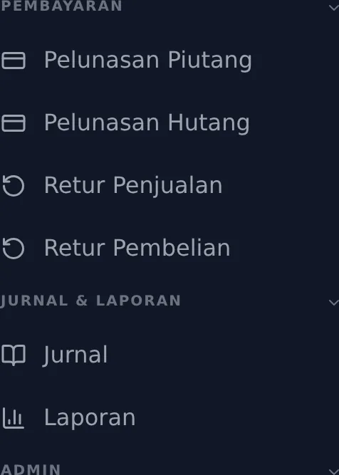 Kelompok menu Pembayaran, Jurnal & Laporan, dan Admin