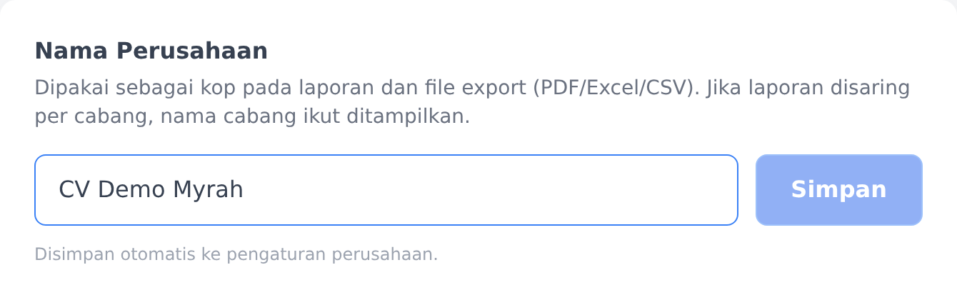 Kolom Nama Perusahaan pada halaman Pengaturan