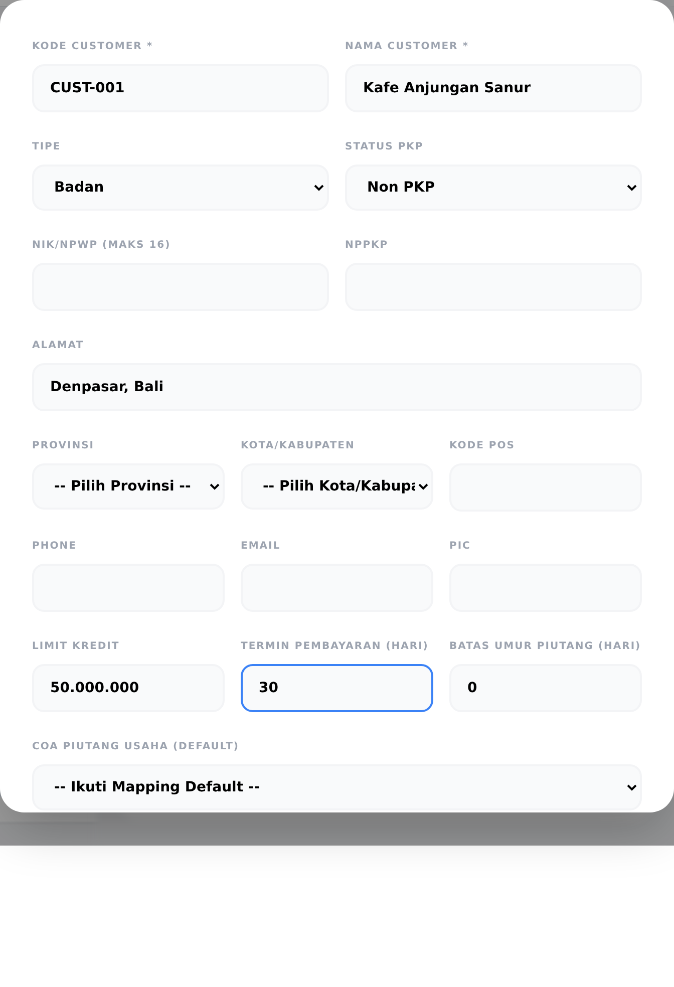 Form tambah customer