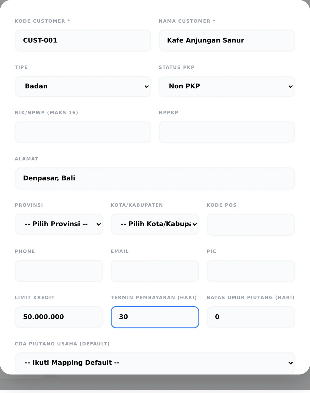 Form tambah customer