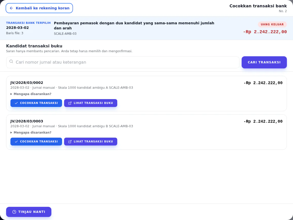 Dialog pencocokan dengan mutasi bank terpilih dan kandidat transaksi buku